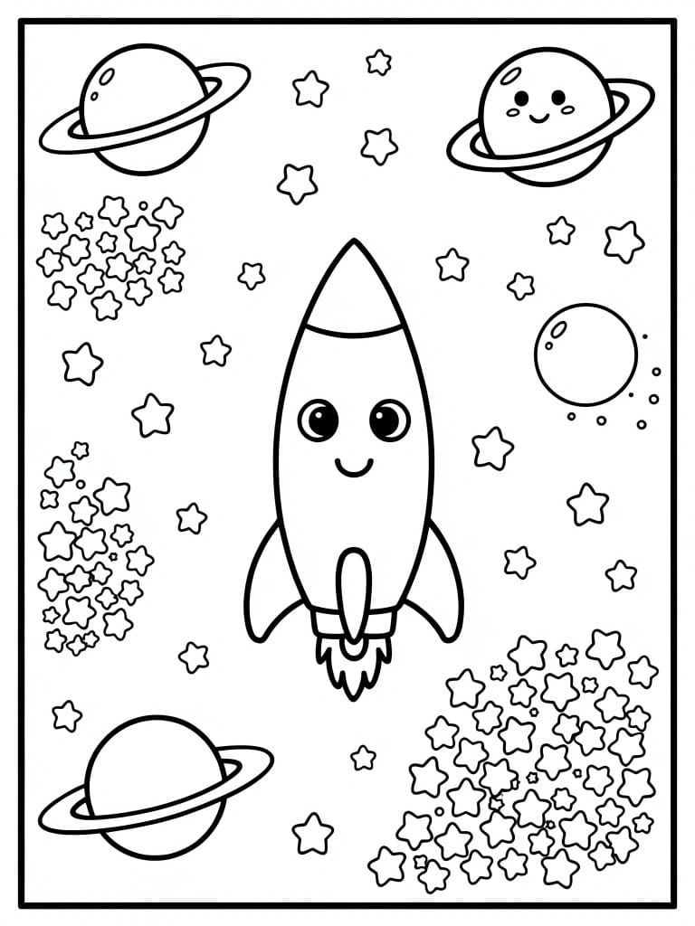 Black and white outline of a cute-eyed rocket ship centered amid smiling planets, stars, and sparkles on a space background.