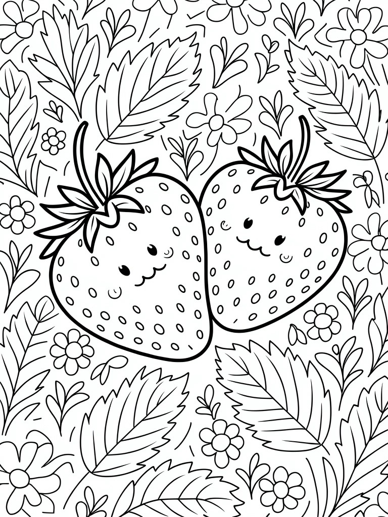 Black and white line drawing of two cute smiling strawberries facing each other, surrounded by leaves and small flowers.