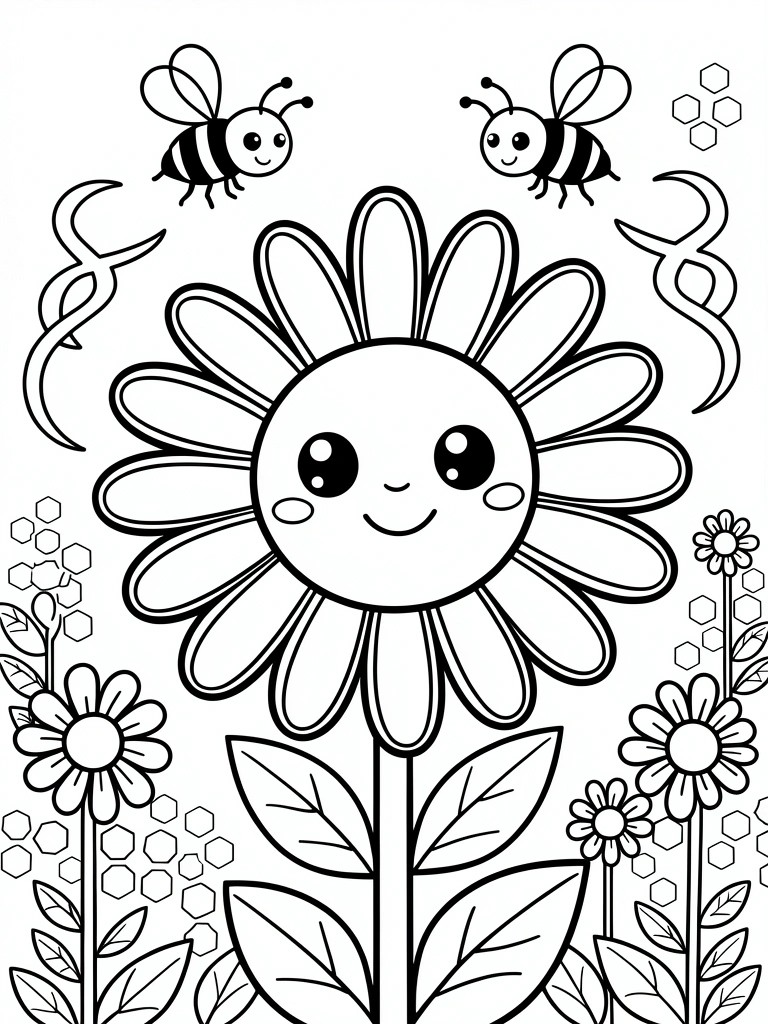 Black line coloring page featuring a central smiling sunflower with bees, honeycombs, smaller flowers, and leaves.