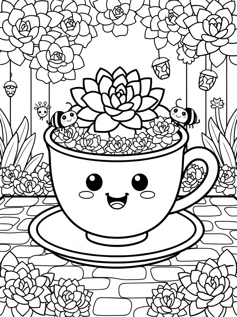 Black line coloring page of a kawaii smiling teacup on saucer filled with succulents and flowers, bees flying nearby, floral arch background with hanging pods.