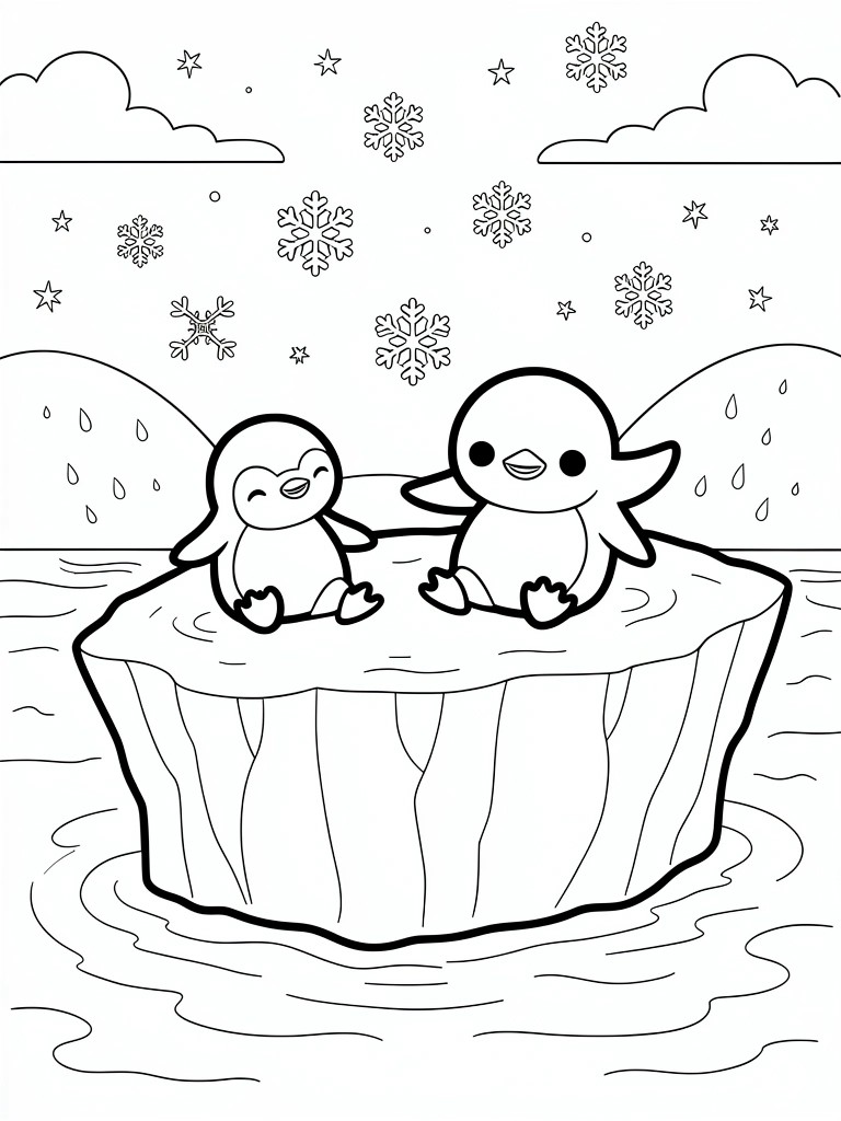 Line drawing of two cartoon penguins sitting on an iceberg surrounded by water, snowy mountains, falling snowflakes, clouds, and stars.