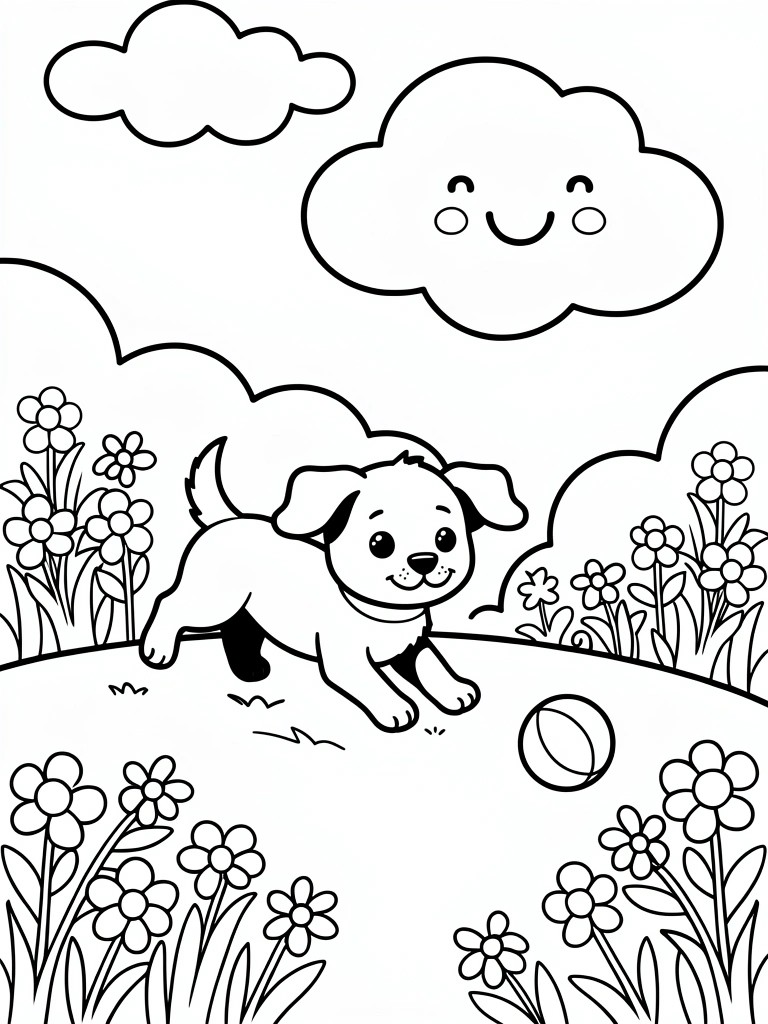 Black and white coloring page of a puppy running toward a ball in a grassy field surrounded by flowers and smiling clouds.
