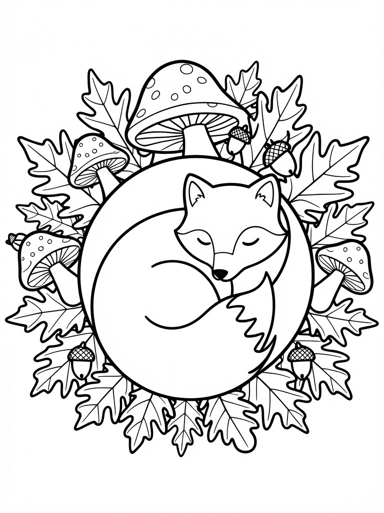 Line art coloring page of a curled sleeping fox centered in a circle with surrounding mushrooms, oak leaves, and acorns.