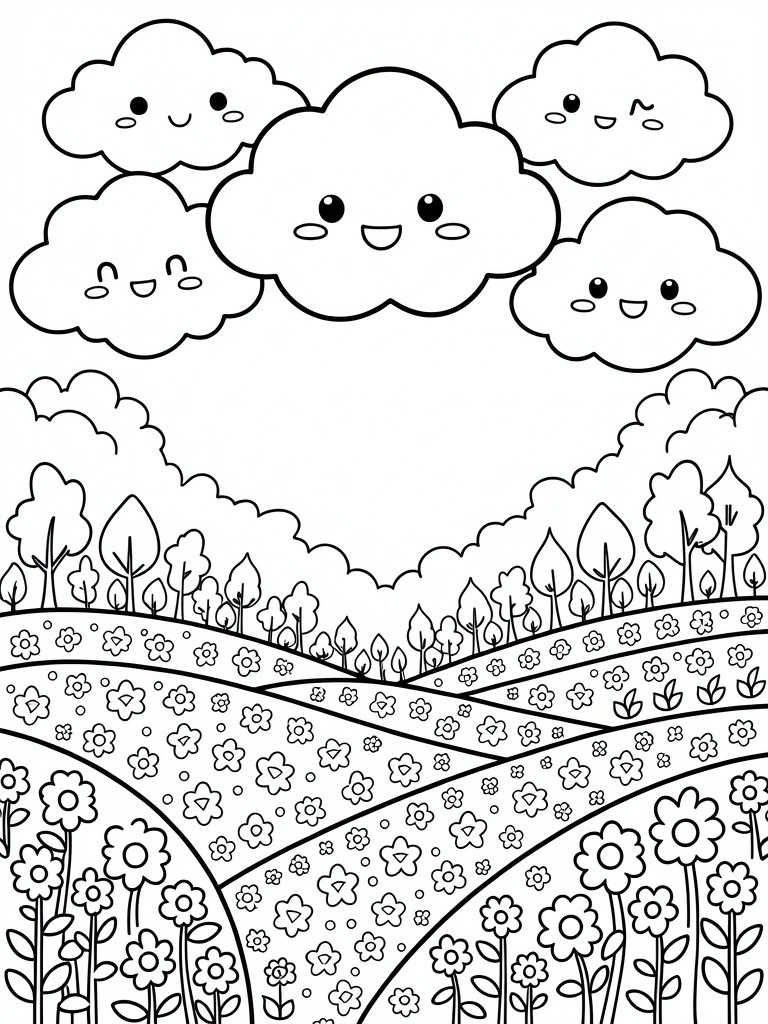 Black outline coloring page of cute smiling clouds in the sky above rolling hills with flower patterns and trees.