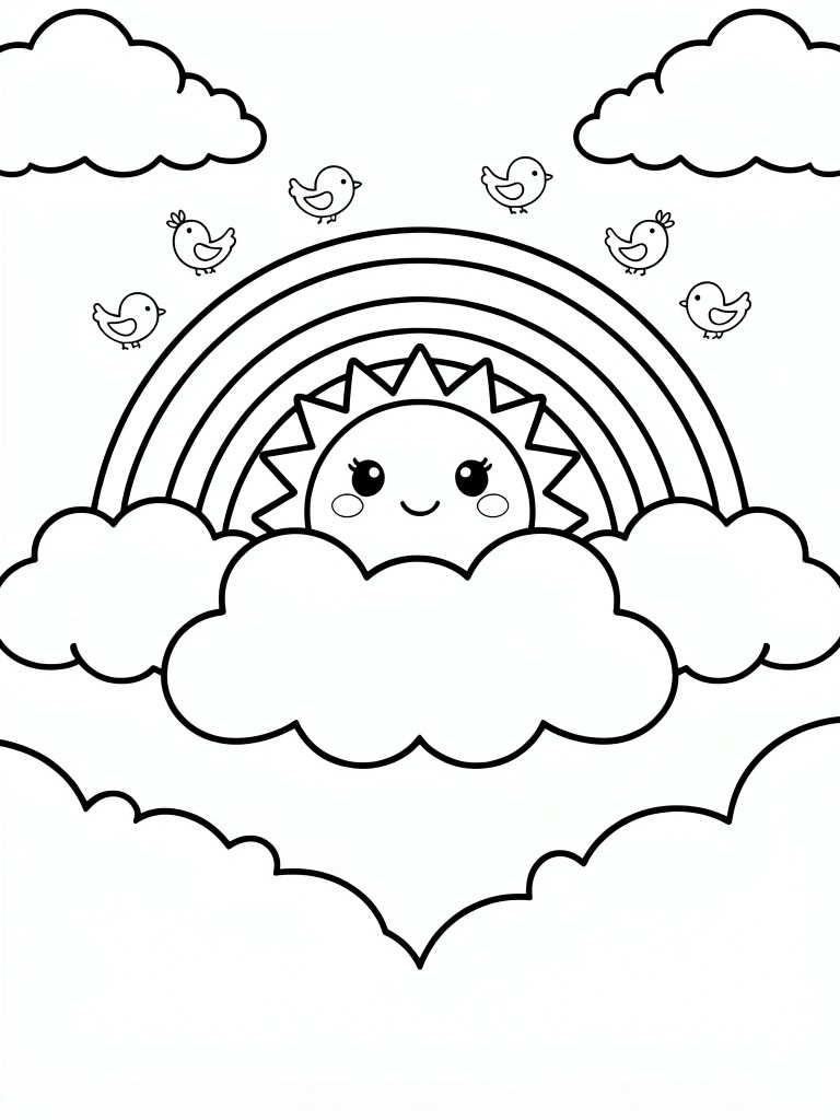 Black outline coloring page featuring a cute smiling sun, rainbow arch, clouds, and small birds.