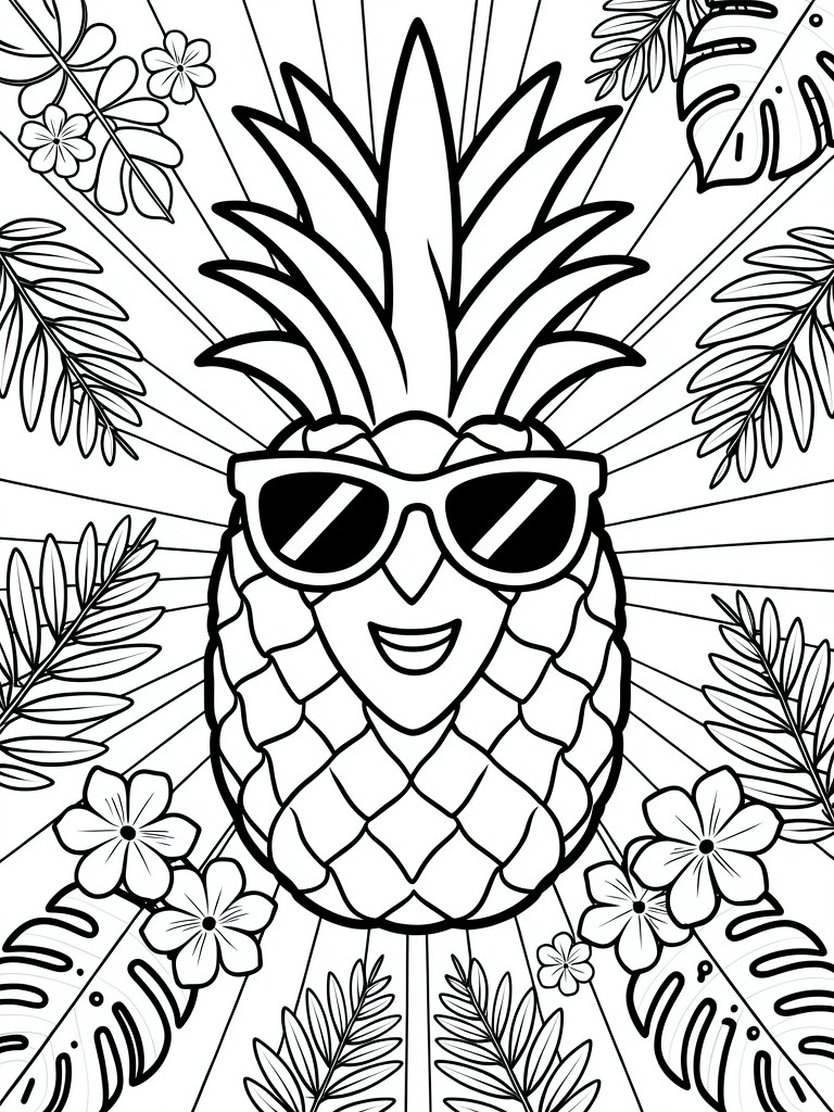 Black line drawing of a smiling pineapple wearing sunglasses, centered amid tropical leaves, flowers, and sunburst rays.