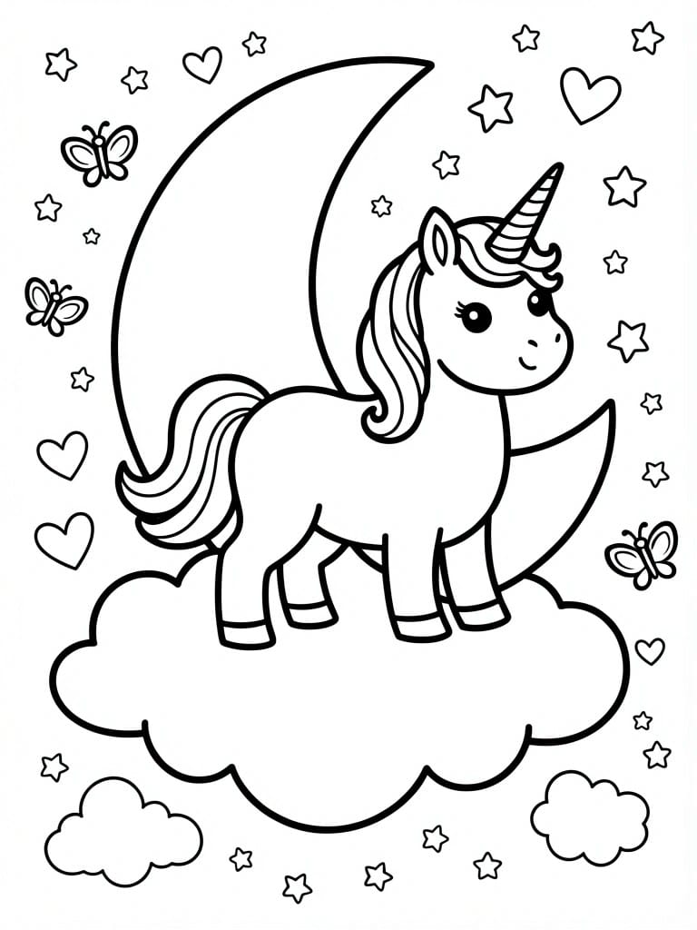 Black and white coloring page of a kawaii unicorn on a cloud with crescent moon, stars, hearts, and butterflies in the background.