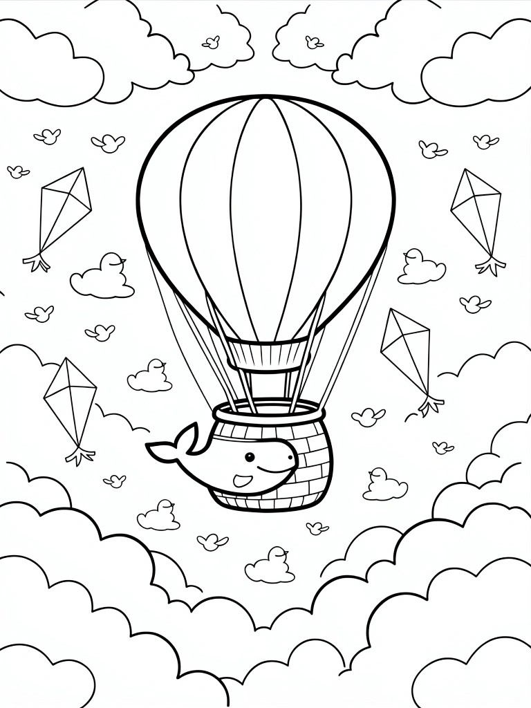 Black line art of a happy whale in a hot air balloon basket amid clouds, birds, ducks, and kites.