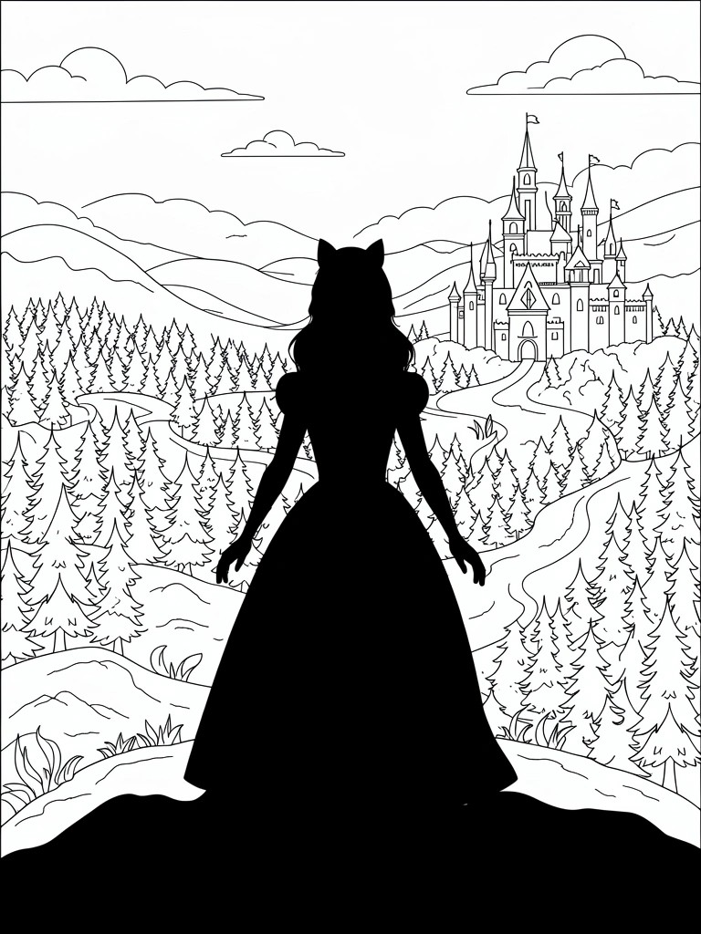 Black outline coloring page showing rear silhouette of cat-eared woman in gown on hill, facing path through forest to castle with mountains and clouds.