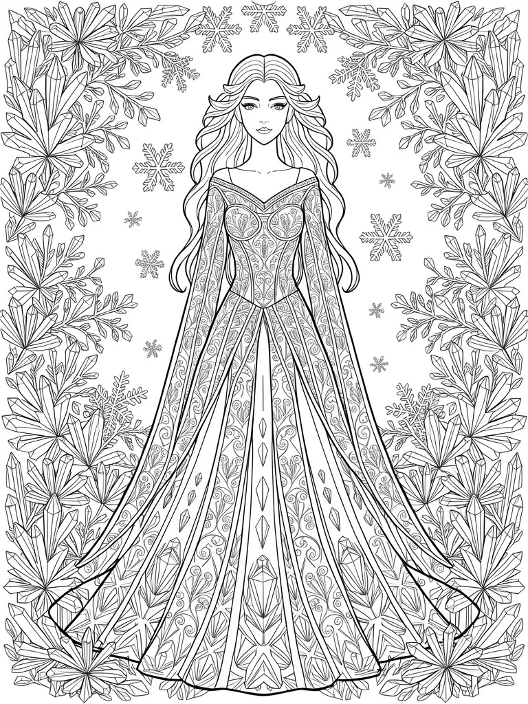 Line art coloring page of an elven woman with long hair in a detailed gown, framed by leaves, snowflakes, and crystals.