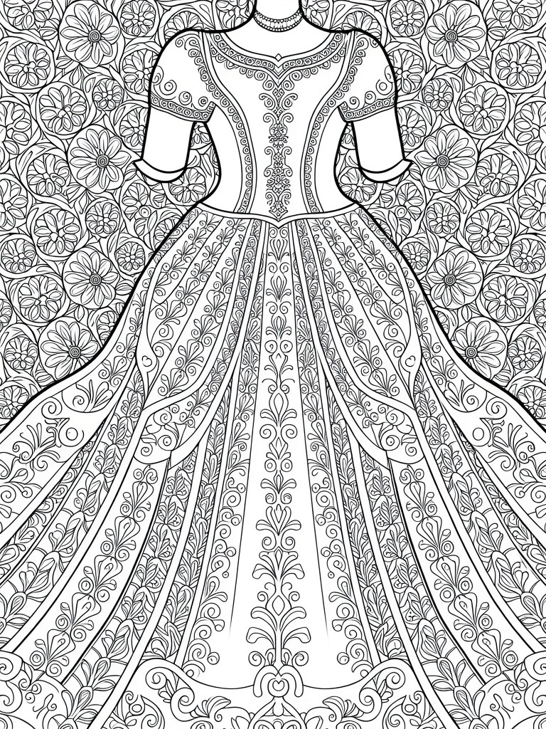 Black and white line art of a detailed princess dress with floral embroidery and swirling background patterns.