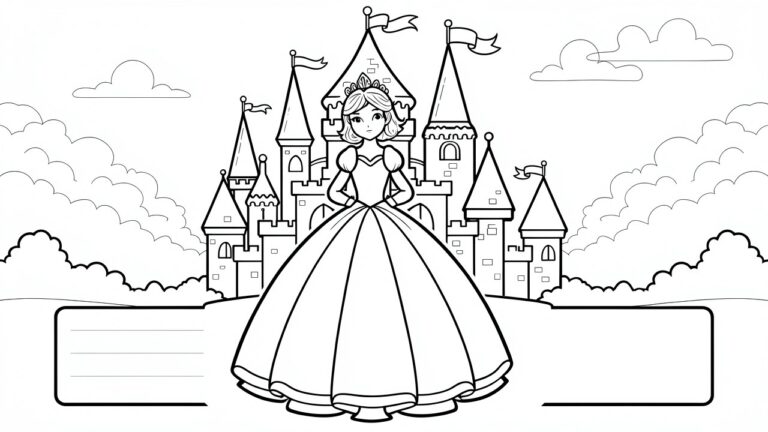 Black line drawing of a crowned princess in a long gown standing on a path before a tall flag-topped castle with towers, trees, mountains, and clouds.