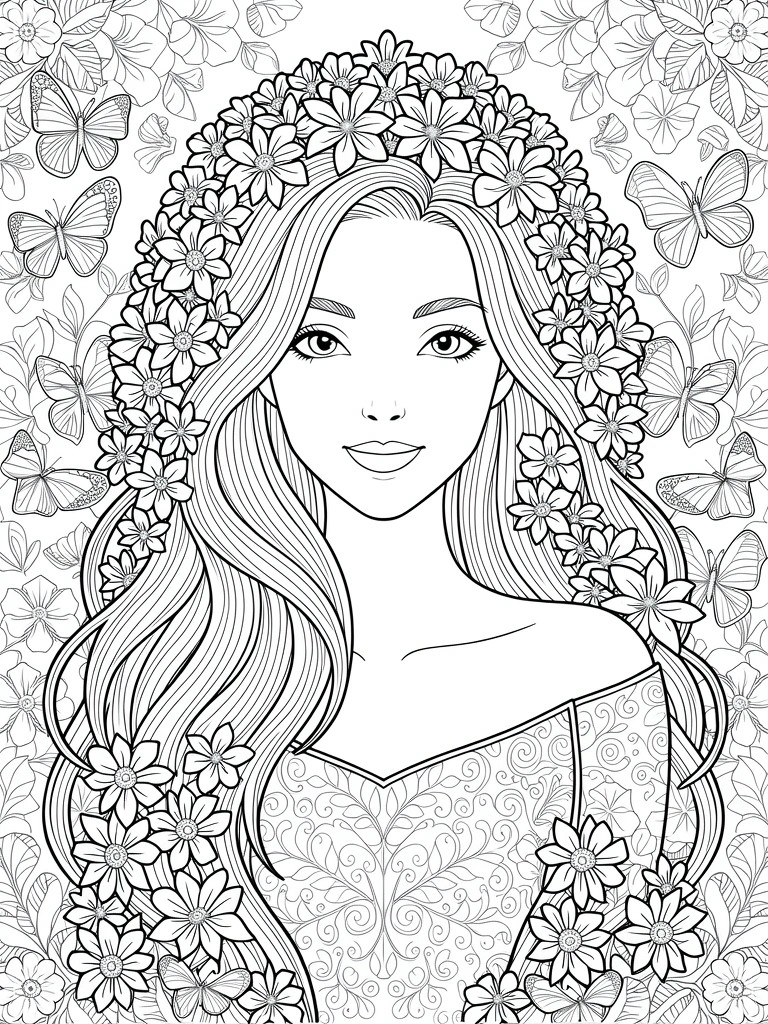 Line art of a smiling princess with long wavy hair, daisy flower crown, butterflies, floral dress, and background patterns.