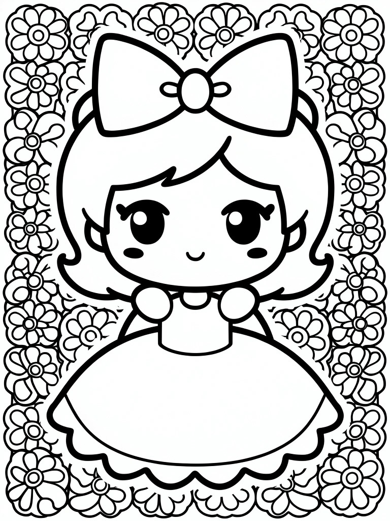 Line art of a chibi princess girl with big bow, puffy dress, and surrounding floral lace border.