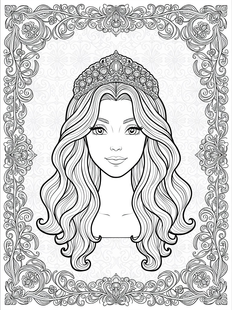 Black and white line art of a princess portrait with long wavy hair, crown, and ornate floral frame.