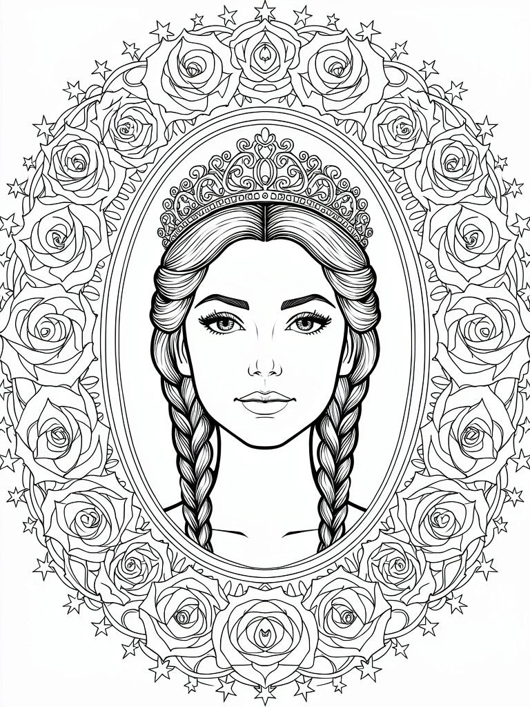 Black line art of a princess with braids, crown, and facial details inside an elaborate oval frame of roses and stars.