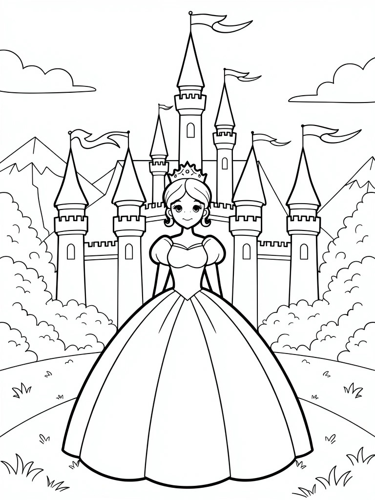 Black line drawing of a crowned princess in a long gown standing on a path before a tall flag-topped castle with towers, trees, mountains, and clouds.