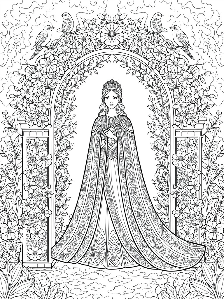 Line art of a crowned princess in flowing gown under arched rose-covered gateway with birds perched above and floral details throughout.