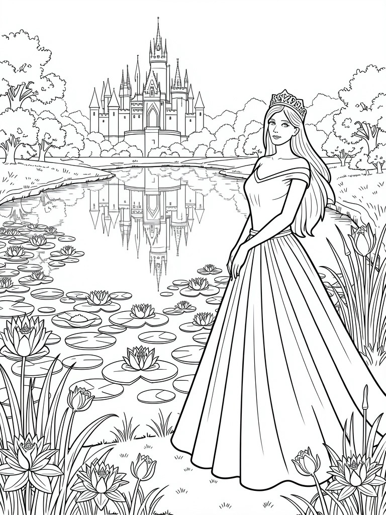 Black and white line drawing of a princess in a long dress and crown standing beside a pond with lily pads that reflects a distant castle and surrounding trees.