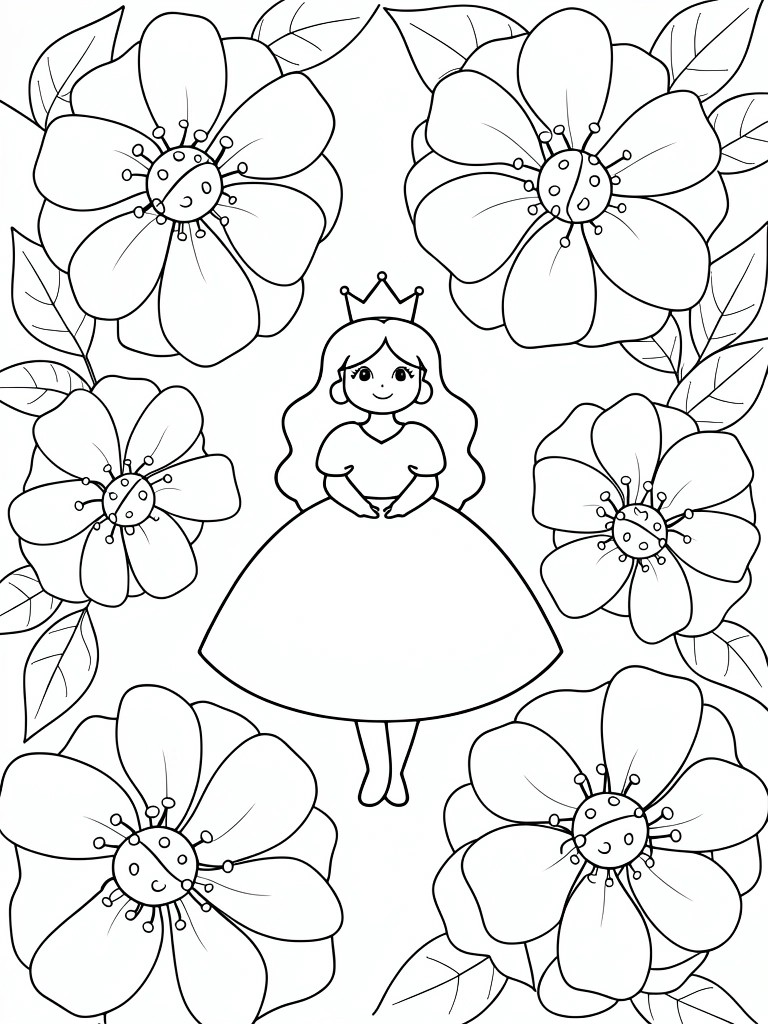Outline drawing of a crowned princess in a poofy dress encircled by large flowers with ladybugs on some petals.