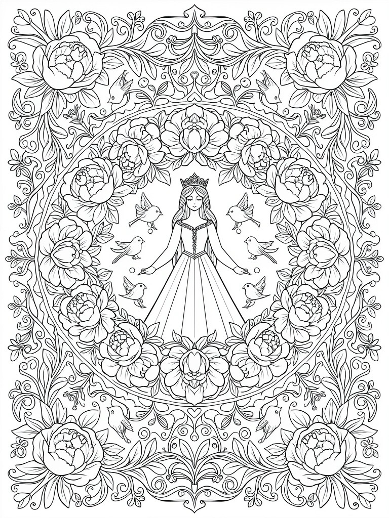 Line drawing of a princess in a long gown and crown, encircled by peonies and birds in an ornate floral frame.