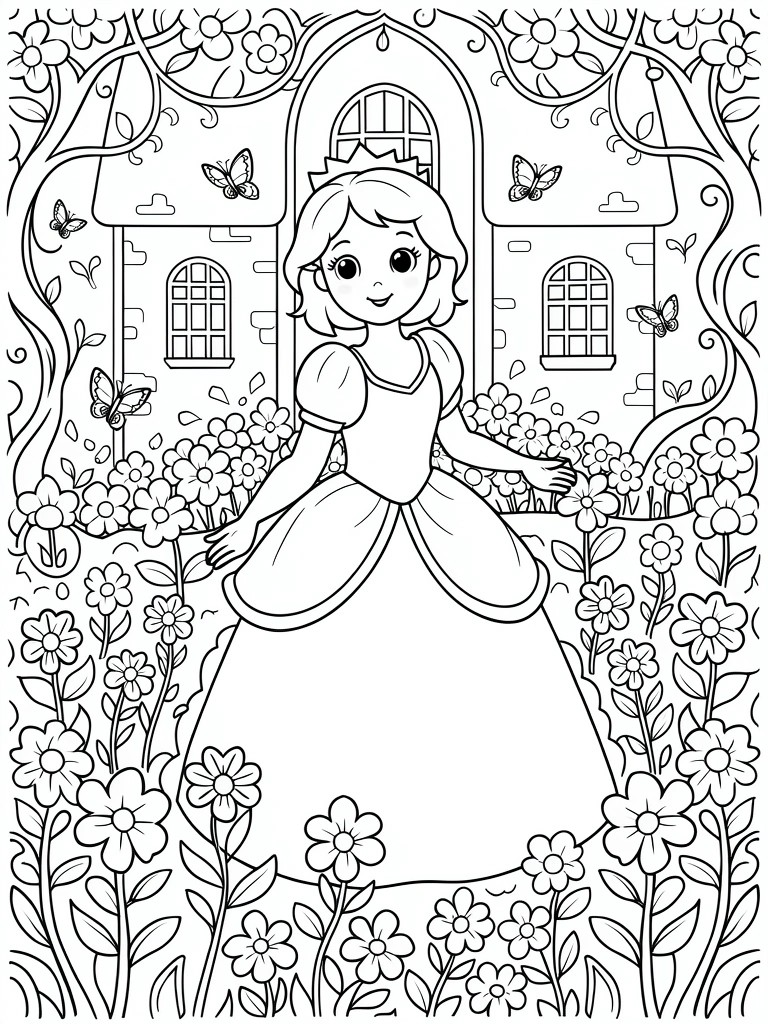 Line drawing of princess in gown standing in flower garden with vines, butterflies, and castle behind.
