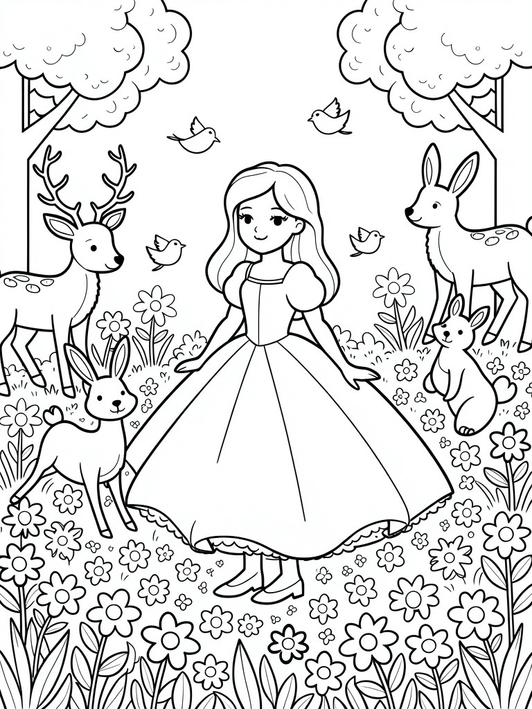 Line art of a girl in a poofy dress standing amid deer, rabbits, birds, trees, and flowers in a forest meadow.