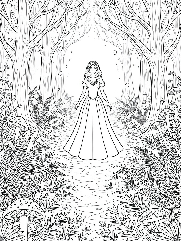 Line drawing of a princess in a long puffy-sleeved dress standing centered on a forest path with trees, ferns, mushrooms, sparkles, and a watery trail.