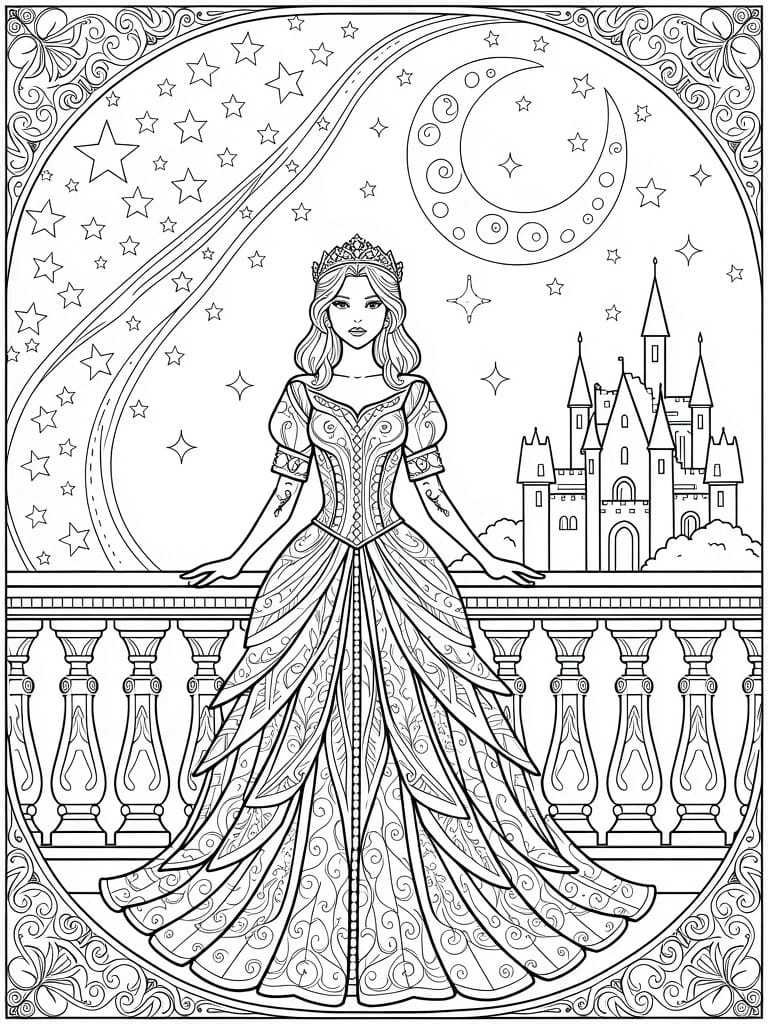Line drawing of princess in ornate gown on balcony facing castle, surrounded by stars, moon, and decorative borders.