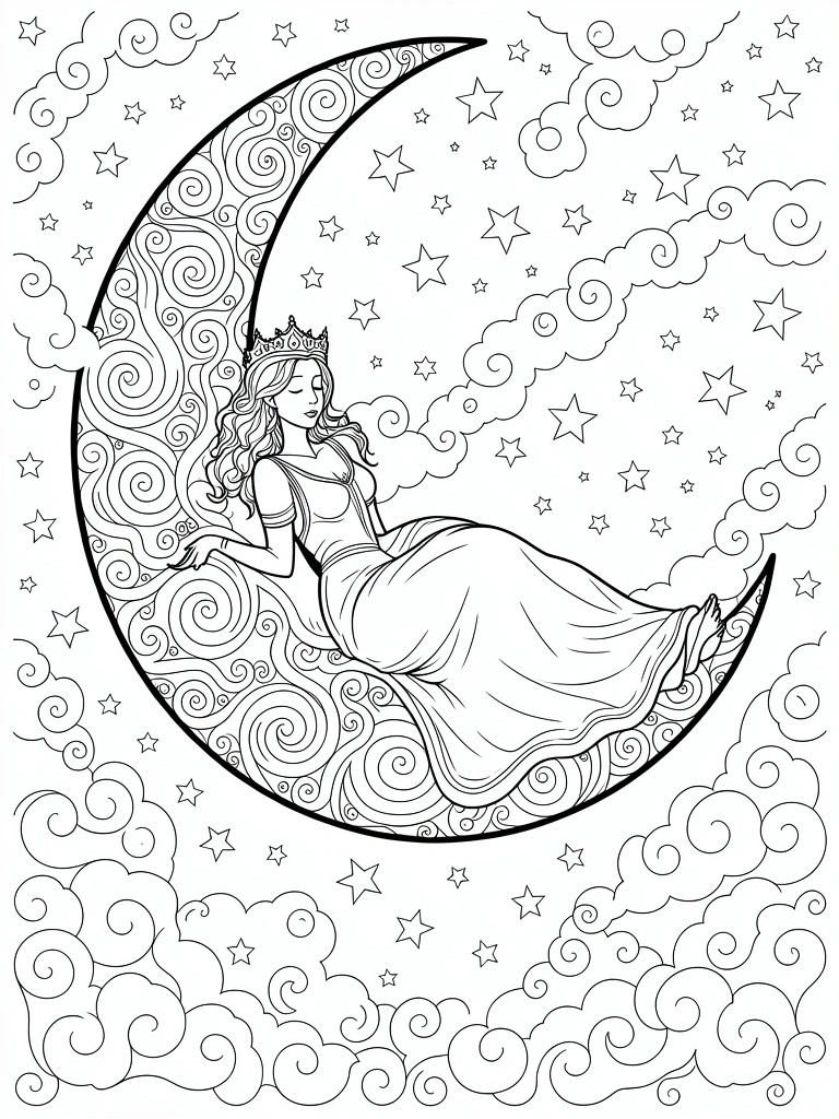 Line art of a crowned princess in a gown reclining on a patterned crescent moon amid swirls and stars.