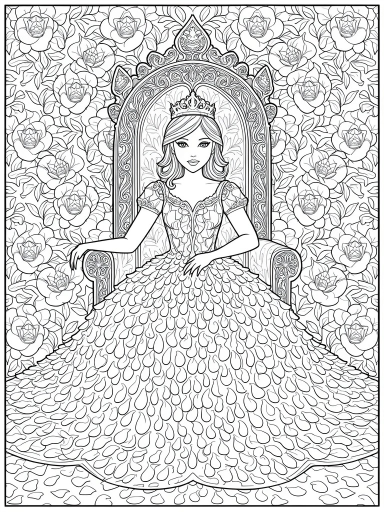 Line art of a princess in a detailed gown sitting on a throne framed by rose patterns and arches.