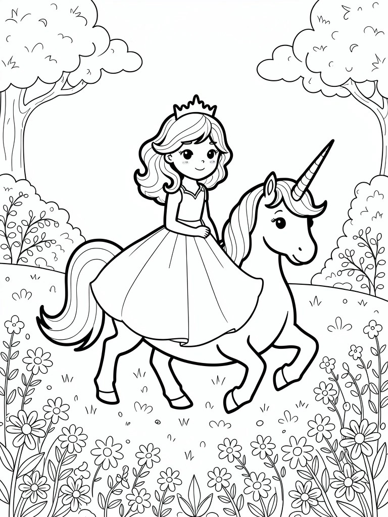 Line art of a girl in a dress riding a unicorn amid flowers and trees in a forest clearing.