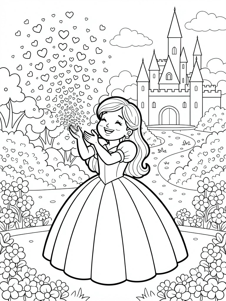 Line art of a princess in a long gown tossing hearts from her hands, with a castle, trees, flowers, clouds, and path behind her.