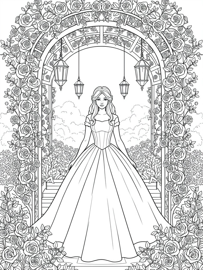 Line art of a princess in a long gown under a rose-covered archway with garden roses and hanging lanterns.