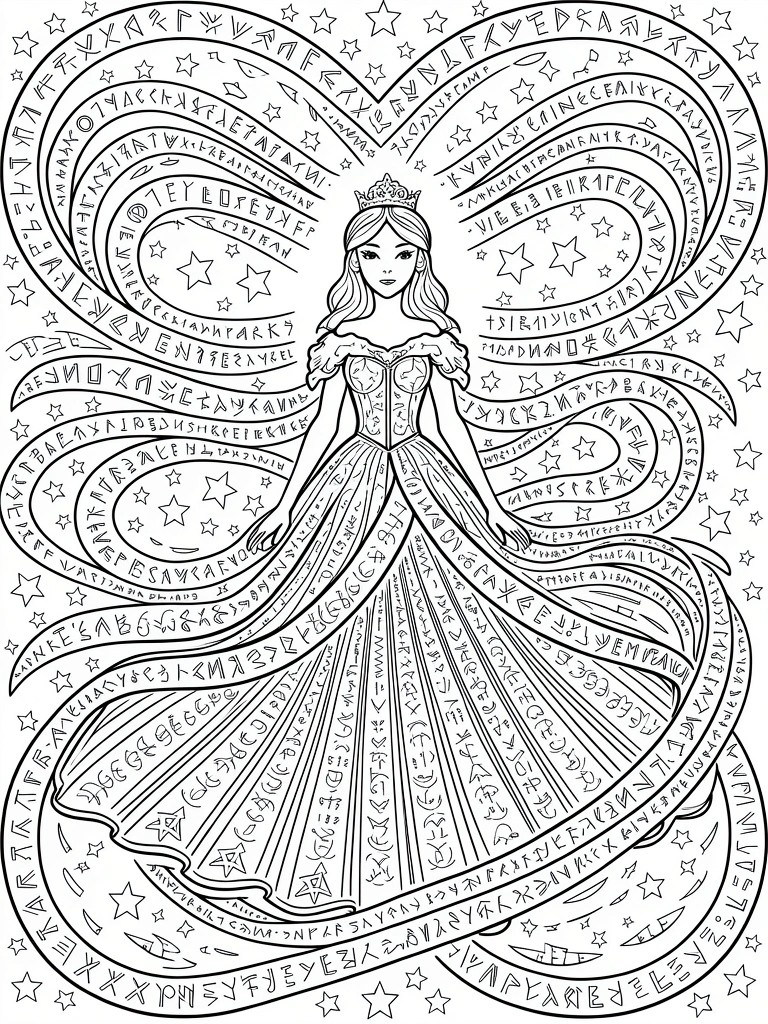 Line art of a princess in gown with large symmetric wings and borders filled with fantasy runes and stars.
