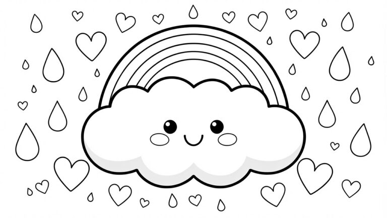 23 Playful Kawaii Coloring Pages with Soft Style Line art of a cute faced cloud raining hearts over a rainbow, surrounded by clouds and hearts.