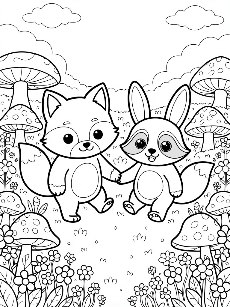 Line art of cute fox and raccoon holding hands in a meadow surrounded by mushrooms, flowers, grass, and clouds.