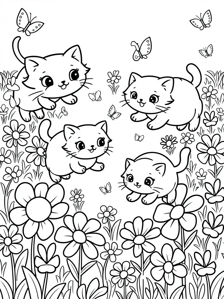 Black line drawing of three cute kittens jumping and playing among flowers and butterflies in a meadow.