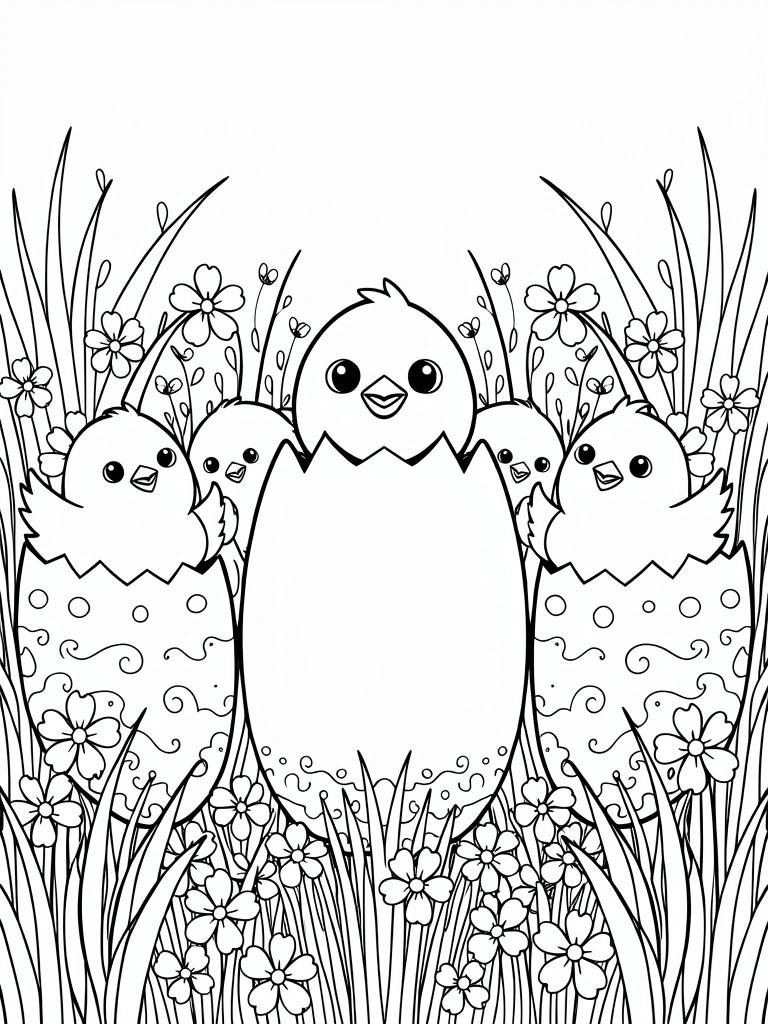 Line art of four chicks emerging from eggs surrounded by grass and flowers.