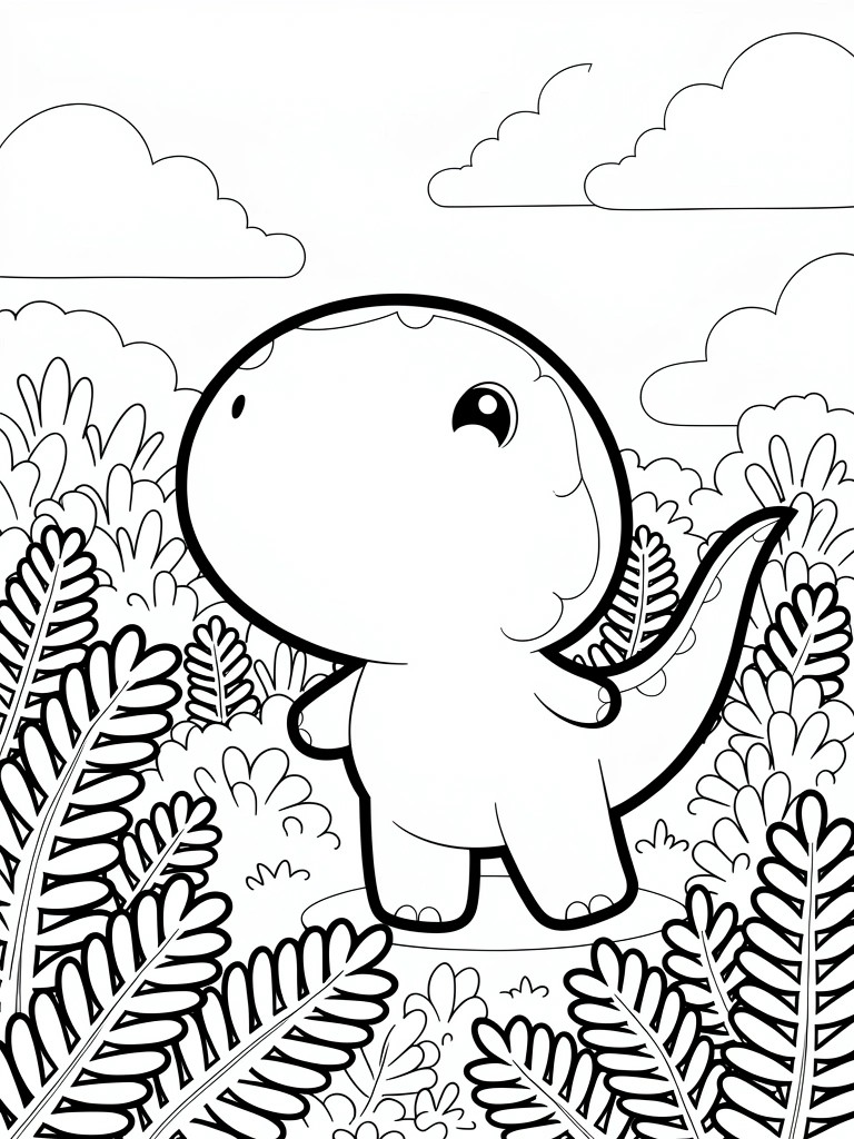 Black outline coloring page of a cute baby T-Rex standing among ferns under clouds.