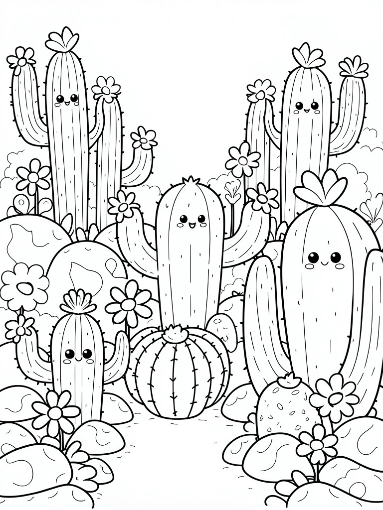 Group of cute smiling kawaii cacti with arms and flowers amid rocks and desert blooms on a coloring page.