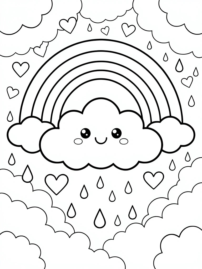 Line art of a cute faced cloud raining hearts over a rainbow, surrounded by clouds and hearts.