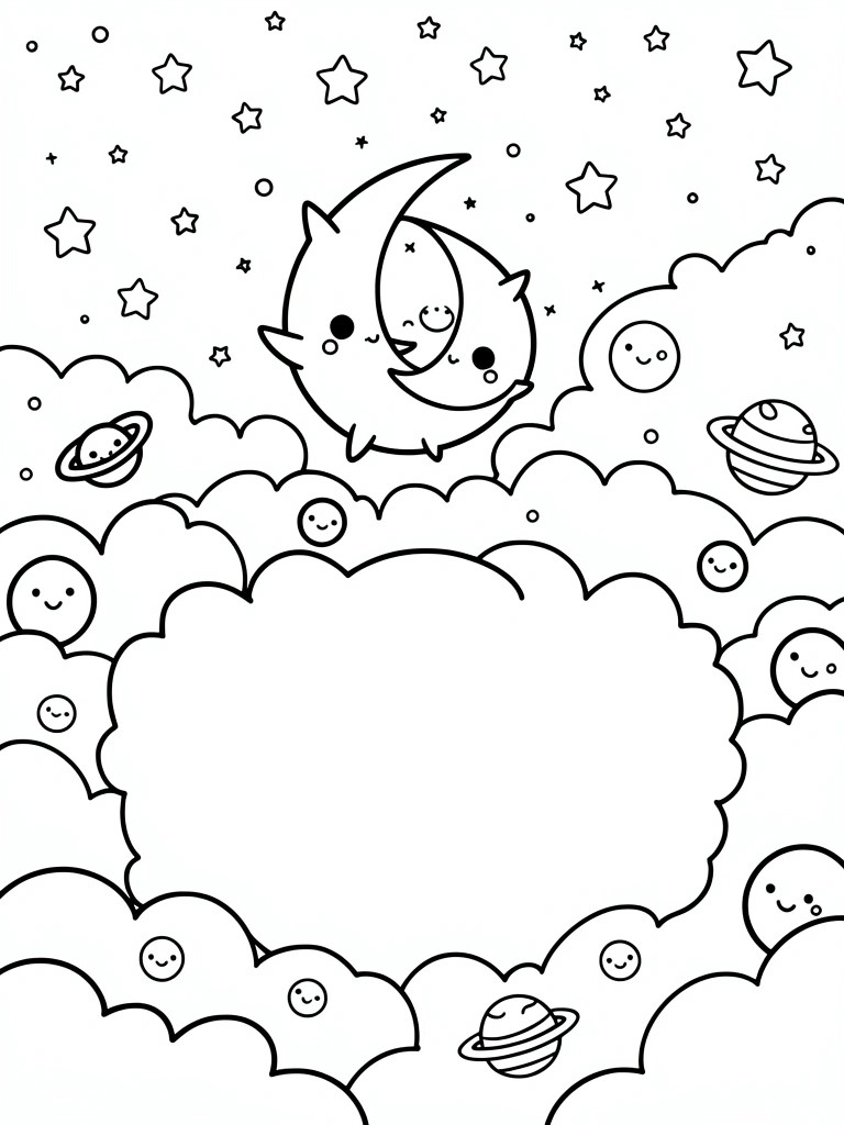 Black line art coloring page of a cute crescent moon with face above a blank cloud space, surrounded by stars, planets, and smiling clouds.