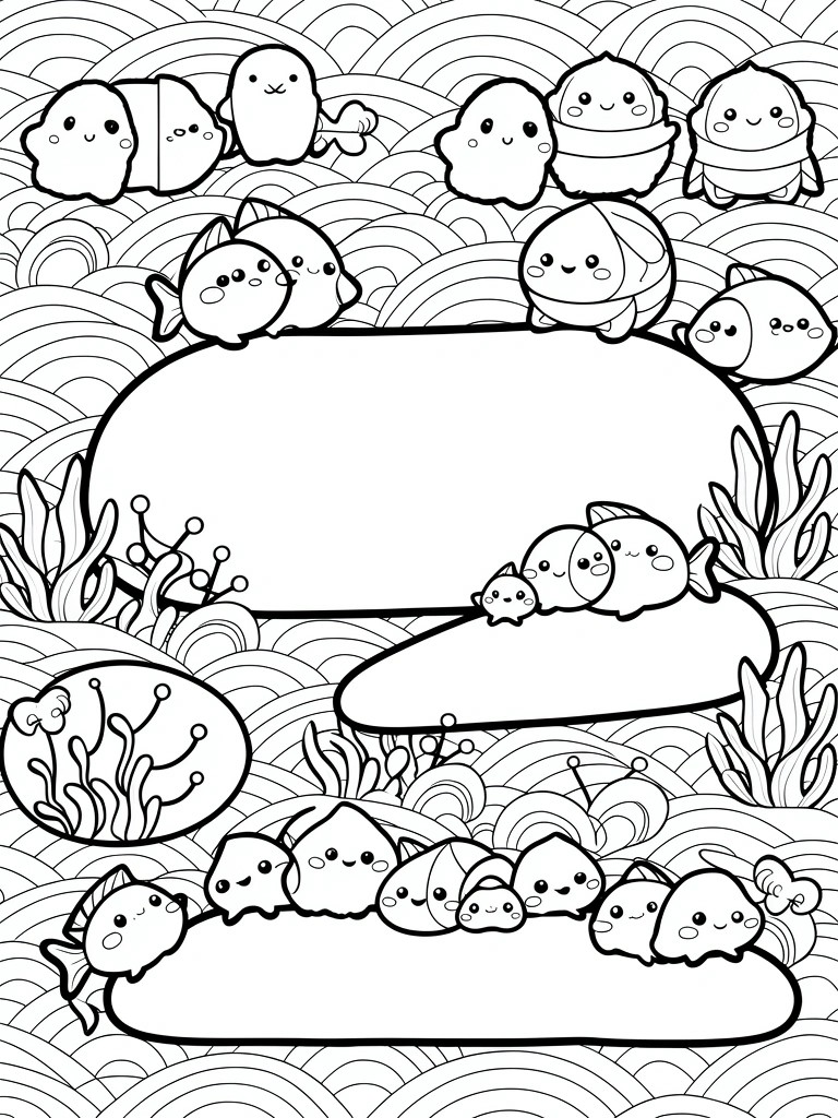 Coloring page with cute kawaii fish, wavy sea patterns, seaweed, and multiple blank oval banners in an underwater scene.