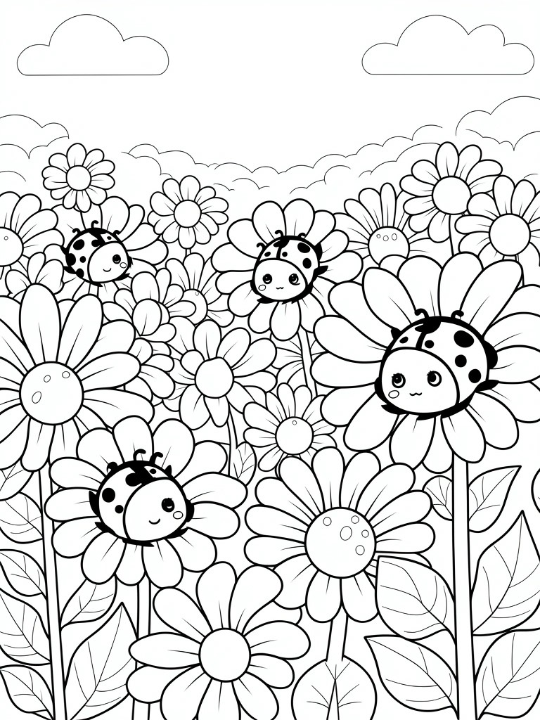 Black and white kawaii coloring page of ladybugs with cute faces perched on daisies in a field under clouds.