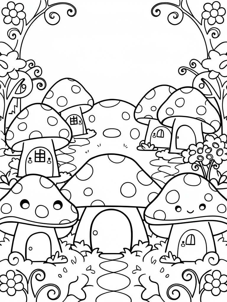 Line art of cute mushroom houses with doors, windows, faces, floral borders, and vines.
