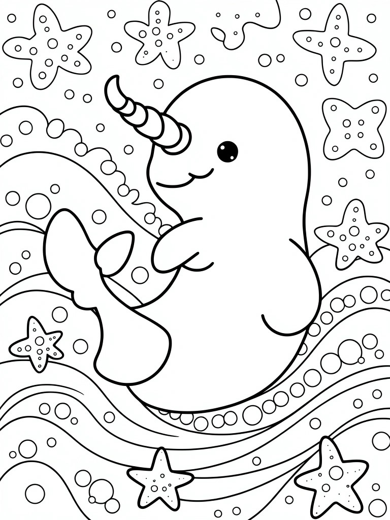 Black line art of a cute smiling narwhal with horn and flippers amid stars, bubbles, and wavy ocean patterns.