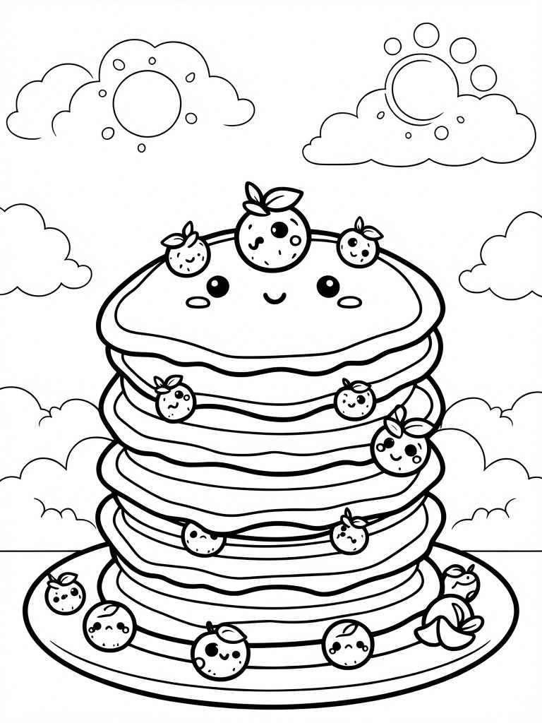 Line drawing of a kawaii stack of pancakes covered in strawberries with faces, on a plate under clouds and sun.