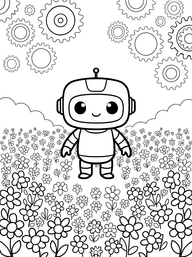 Line art of a smiling chibi robot standing with arms out in a flower field, surrounded by floating gears, clouds, and flower clusters.