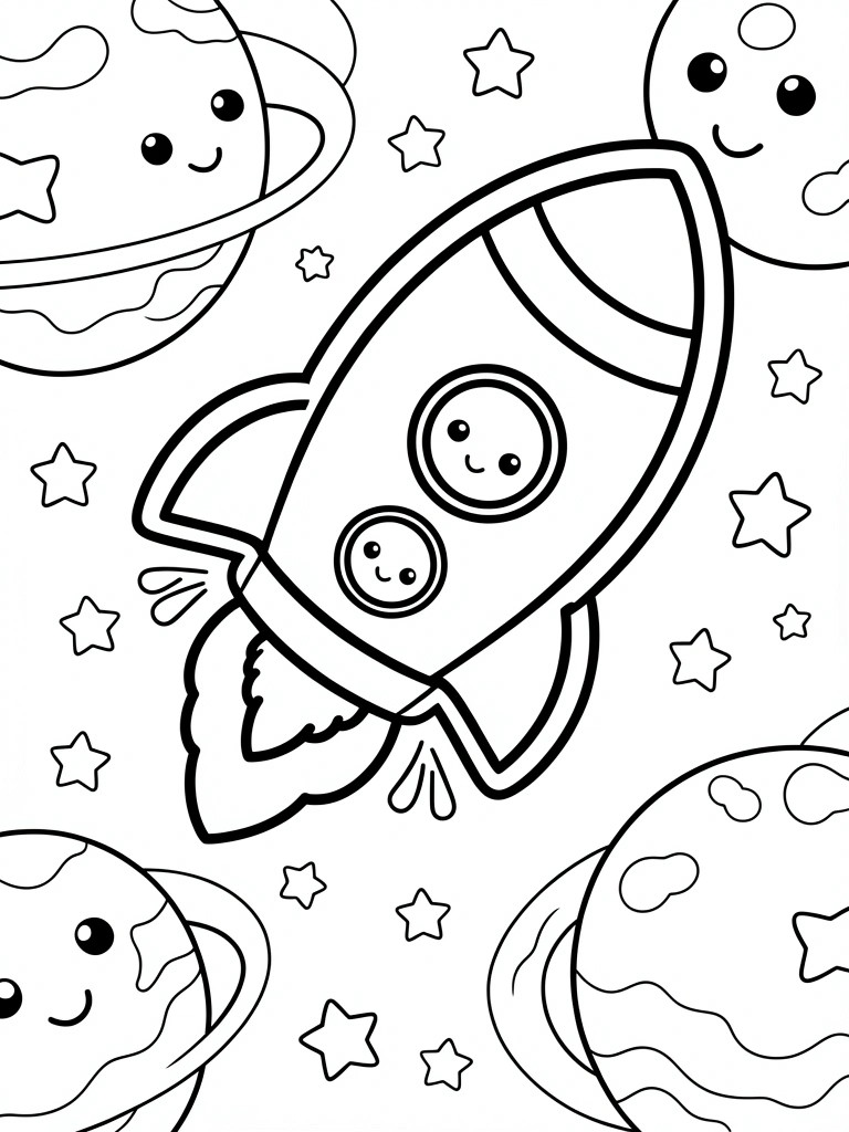 Coloring page of a kawaii rocket ship with faces blasting flames amid smiling planets, stars, and Saturn-like rings.